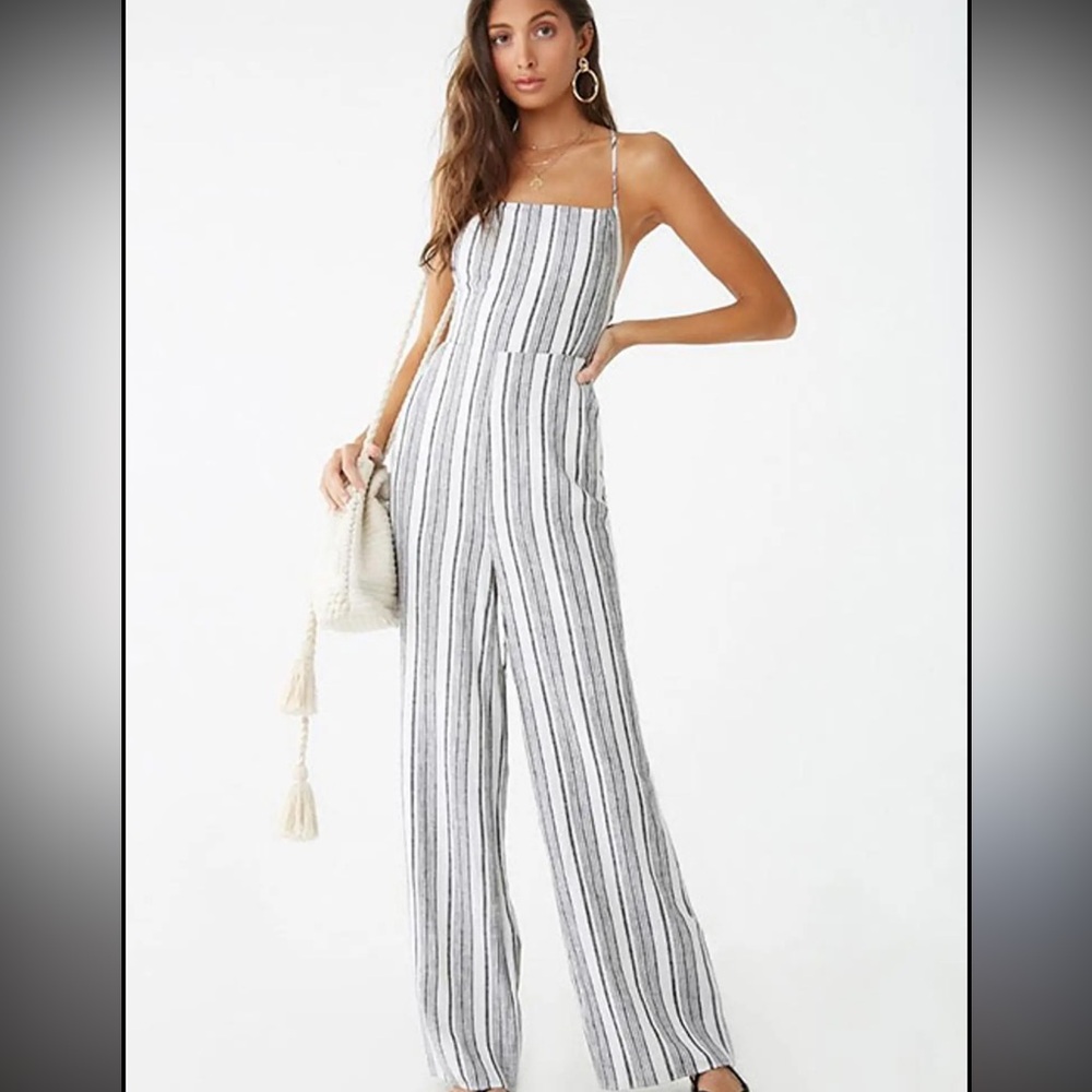 Nwt Forever 21 Criss Cross Tie Back Jumpsuit Stripes Small Linen Cotton - Picture 3 of 5
